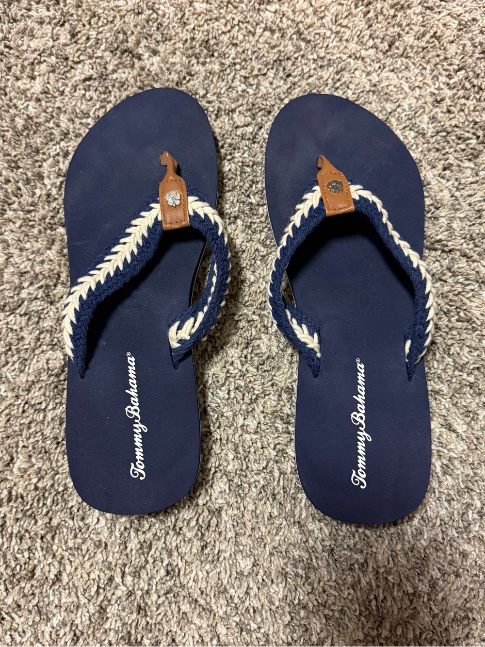 Tommy Bahama Navy and Cream Braided Strap Flip Flops with Brown Accents